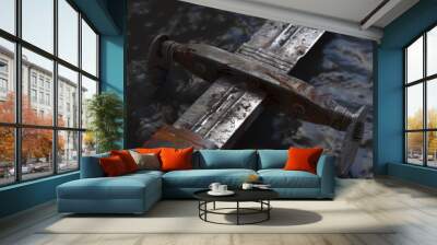 Close-up of a rusty sword with a worn leather hilt. Wall mural