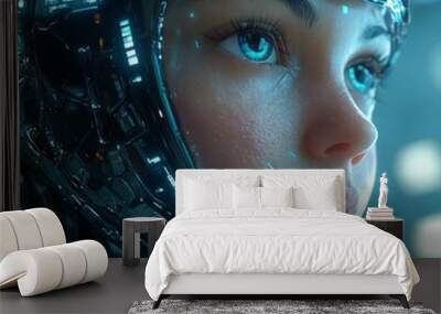 Close-up of a woman's face with blue eyes in a futuristic helmet. Wall mural