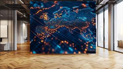 Digital map of Europe and Asia with glowing lights. Wall mural