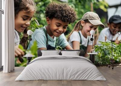 Diverse group of children happily tending to plants in a garden. Wall mural