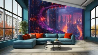 Futuristic cityscape with a curved bridge connecting two skyscrapers at dusk. Wall mural