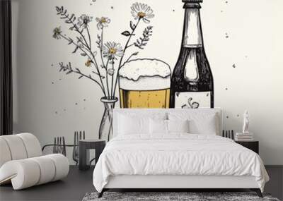 Hand-drawn illustration of a beer glass and a bottle of beer with a vase of flowers and two forks on a plate. Wall mural