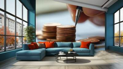 Hand with a pen pointing at a stack of coins. Wall mural