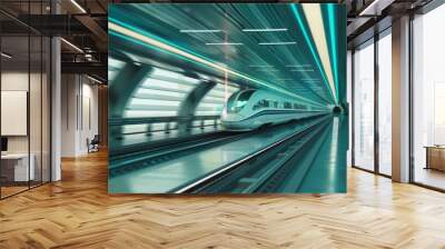 High-speed train speeding through a futuristic tunnel with teal lighting. Wall mural