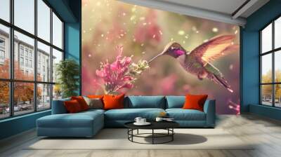 Hummingbird in flight, feeding on pink flowers with bokeh background. Wall mural