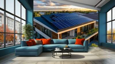 Modern house with solar panels on roof and a patio overlooking green landscape. Wall mural