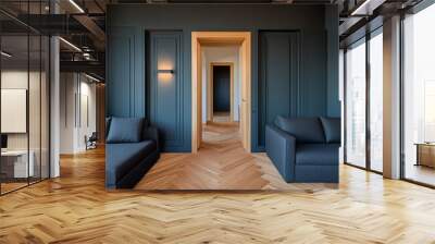 Modern living room interior with dark blue walls, wooden floor, and two couches. Wall mural