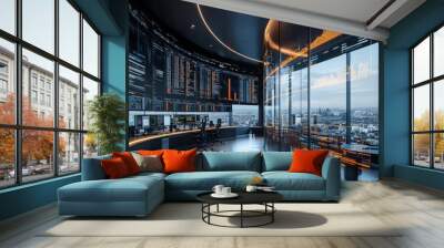 Modern office interior with curved wall of windows overlooking a city skyline, with multiple computer monitors displaying data. Wall mural