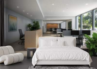 Modern office interior with workstations and natural light. Wall mural