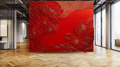 Red and gold Chinese pattern with flowers and waves. Wall mural