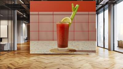 Refreshing red cocktail with celery and lemon wedge. Wall mural