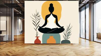 Silhouette of a woman in a meditative pose sitting on a platform with two potted plants. Wall mural