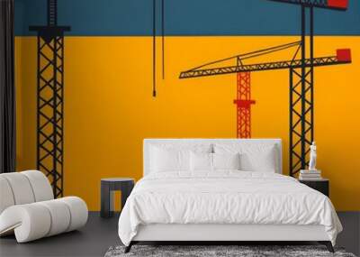 Silhouette of construction cranes against a vibrant sunset backdrop. Wall mural