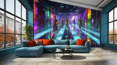 Silhouettes of people walking on a futuristic runway with vibrant neon lights. Wall mural