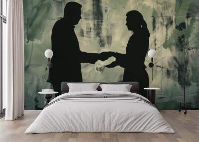 Silhouettes of two people shaking hands against a textured background. Wall mural