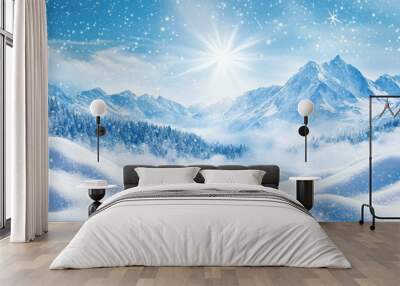 Snowy mountain range with a bright sun shining through the clouds. Wall mural