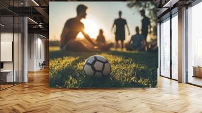 Soccer ball on grass with friends sitting in background at sunset. Wall mural