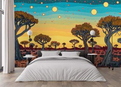 Stylized trees in a desert landscape with a colorful sky. Wall mural