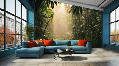 Sunlight breaking through the canopy of a lush tropical rainforest during a light rain shower. Wall mural