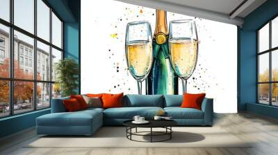 Two champagne flutes filled with bubbly, next to a champagne bottle, on a white background with colorful watercolor splatters. Wall mural