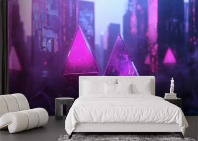 Two glowing, transparent purple and pink crystal pyramids in front of a futuristic city. Wall mural