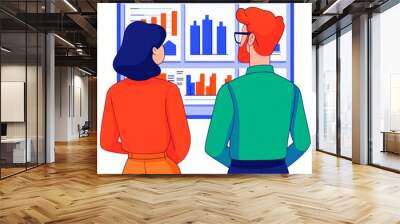 Two individuals analyzing data on a digital display with graphs and charts. Wall mural