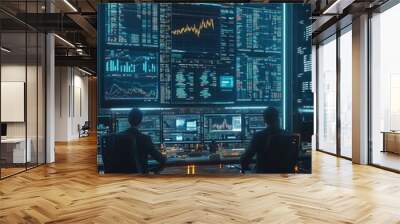 Two people sit in front of multiple computer screens displaying data and graphs. Wall mural