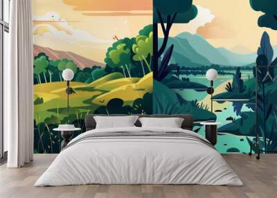 Two scenic landscapes, one with a bird on a grassy hill, the other with a river winding through green foliage. Wall mural