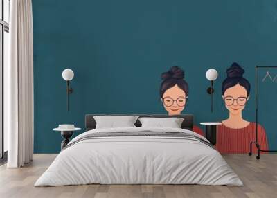 Two women with laptops, wearing glasses, and smiling. Wall mural