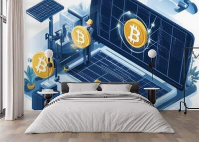 Two workers working on a computer with a Bitcoin logo and solar panels in the background. Wall mural