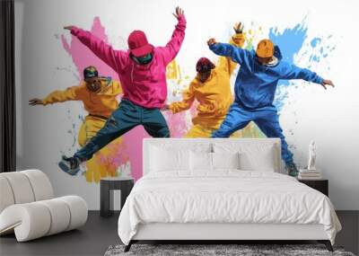 Vibrant dancers in colorful outfits performing dynamic movements. Wall mural