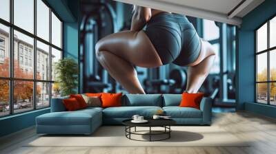 Woman doing a squat exercise at the gym. Wall mural