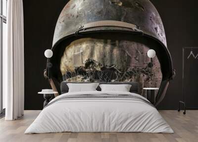 Worn and damaged military helmet with a tattered liner. Wall mural