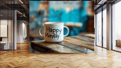 A warm, inviting coffee mug with the greeting 'Happy Monday' sits on a wooden table with a blurred cafe background Wall mural