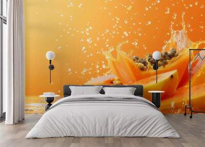 Energizing fresh papaya slices with dynamic water splash on an orange background, exhibiting refreshing and juicy qualities Wall mural