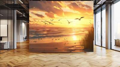 summer beach scene with waves and beautiful sun sky view Generate AI Wall mural