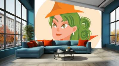 Orange costume in girl with green hair people human pretty showing model portrait avatar user profile adult fashion face character beautiful online lifestyle poster card flat design Wall mural