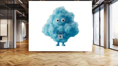 Adorable animated cloud character in vibrant blue, holding a silver lock, symbolizing data security and privacy in a playful, child-friendly manner, perfect for educational content - AI generated Wall mural