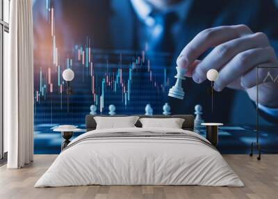 Business strategy concept with businessman playing chess on financial background, stock market graph overlay symbolizing investment, growth, and decision-making Wall mural