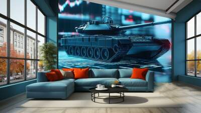 Military tank on a digital financial graph background, symbolizing market volatility, economic conflict, and the impact of geopolitical tensions on finance Wall mural