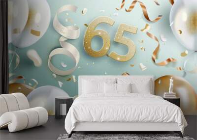 Golden 65 number balloons with pink and gold decorations for birthday celebration Wall mural