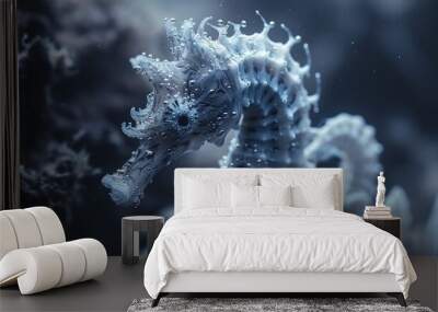 A close-up of a white seahorse with a dark background. Wall mural