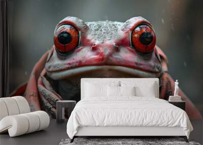 A frog with red eyes with a red veil is covering itself. Wall mural