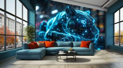 Digital rendering of a glowing blue tiger in a futuristic setting. Wall mural