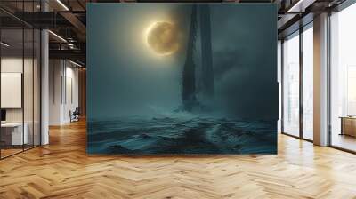 Mysterious dark towers rise from the stormy sea, silhouetted against a full moon. Wall mural