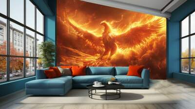 Mythical phoenix bird with fiery wings soaring through the night sky Wall mural