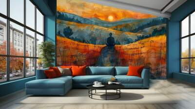 Silhouette of a person meditating in a field of music notes at sunset. Wall mural