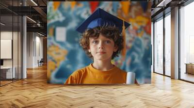 Ambitious Young Student Holding Graduation Diploma in Classroom Setting Wall mural