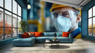 Close-Up of Worker Wearing Protective Mask for Industrial Safety and Respiratory Protection Wall mural