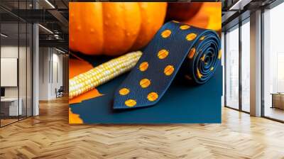 Festive Thanksgiving Tie with Fall-Themed Pumpkins and Corn Stalks for Holiday Dinner Celebration Wall mural